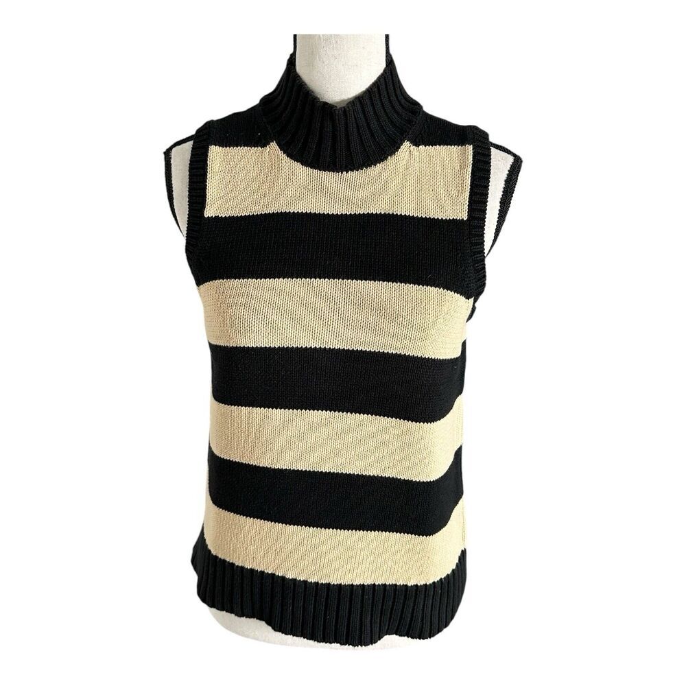 Evan Picone L Sweater Vest 100% Cotton Knit Black‎ Beige Wide Striped Wo…